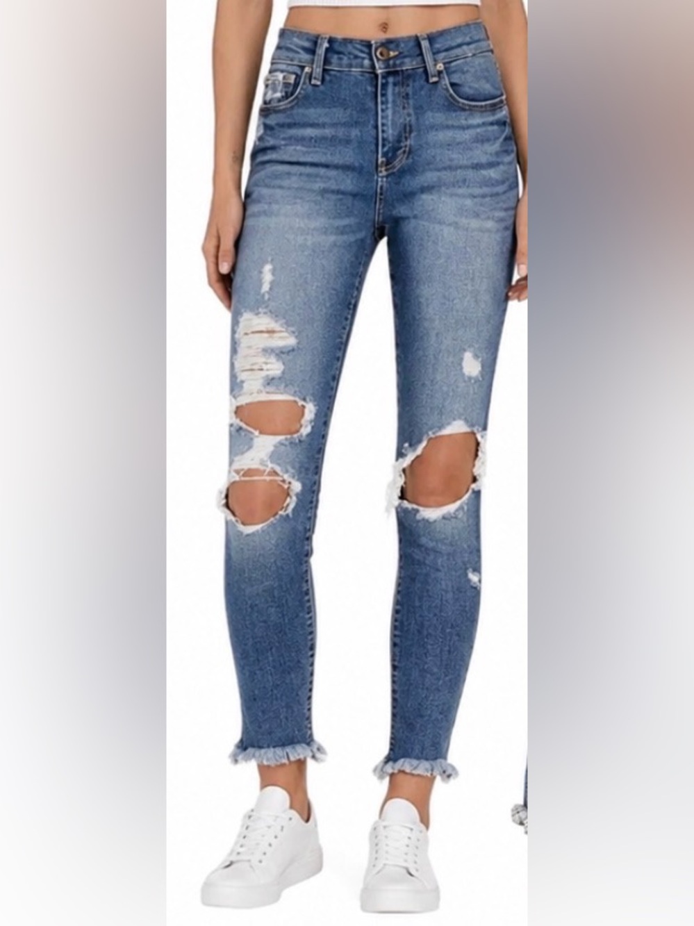 PISTOLA Distressed Ripped Skinny Jeans Medium Wash Frayed Hem 30